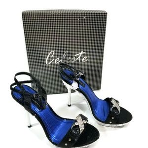 Celeste Black/Silver Stiletto Strappy Heels Sz 8
